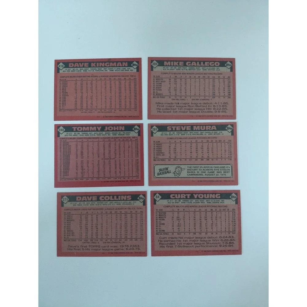 1986 Topps Oakland Athletics As Baseball Card Lot 6 Dave Kingman Tommy John 80s